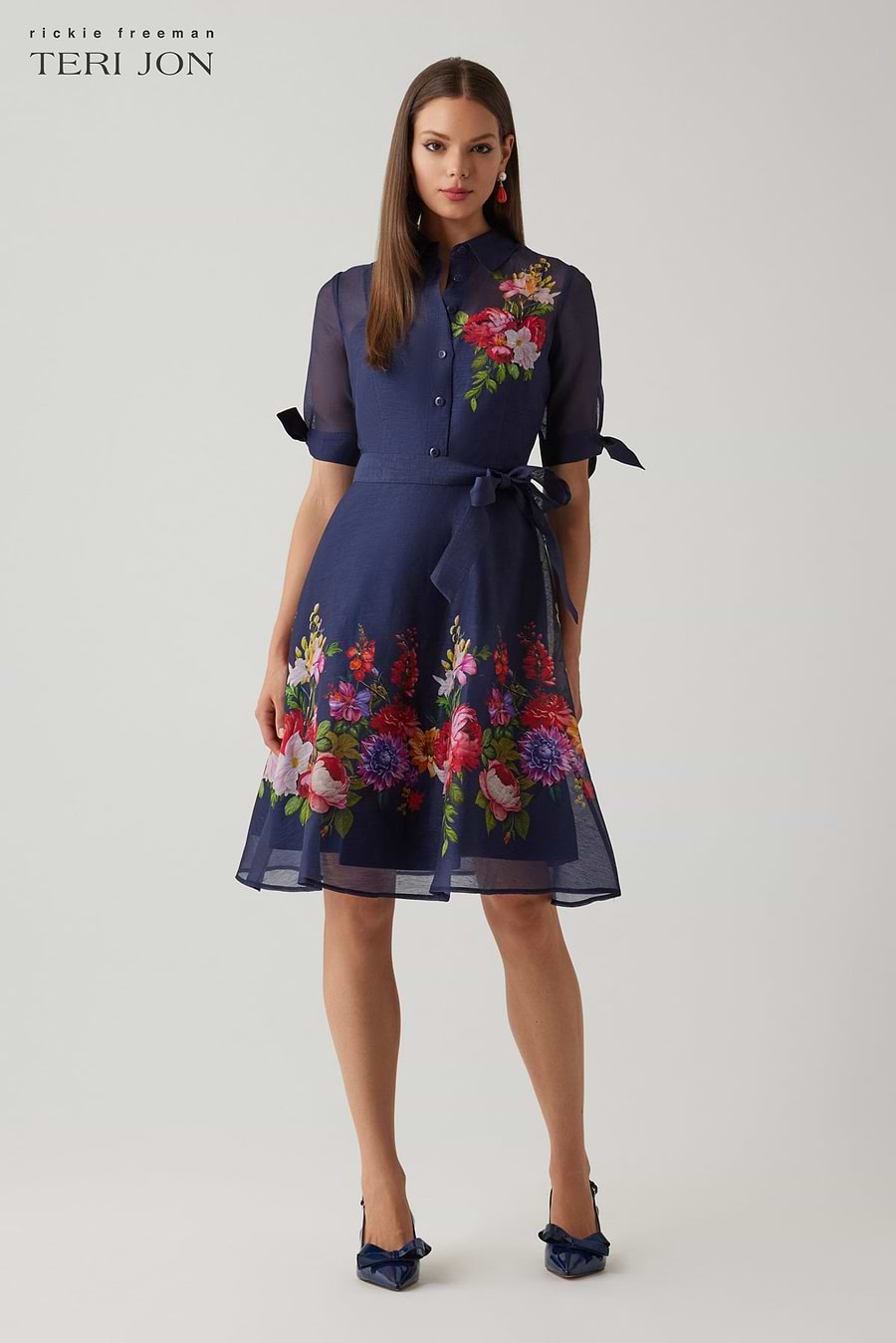 Teri Jon By Rickie Freeman Women's Floral Border Shirtdress - Blue - Size 16 - Navy Multi Teri Jon By Rickie Freeman Women's Floral Border Shirtdress - Blue - Size 16 - Navy Multi