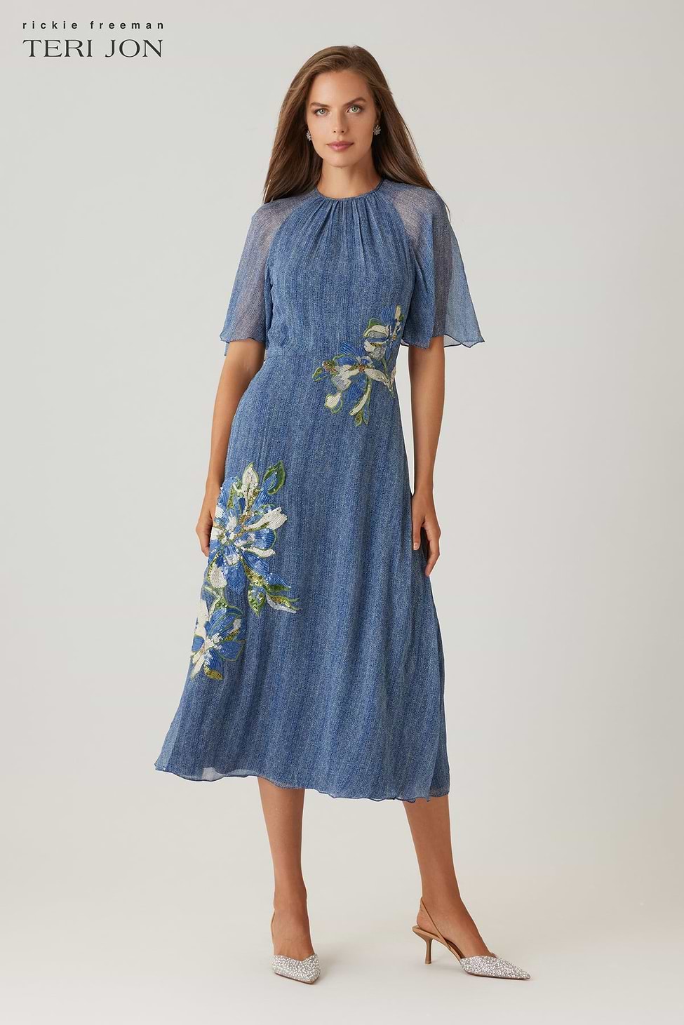 Teri Jon Chiffon Flutter Sleeve Sequin Flower Motif Dress Size 4