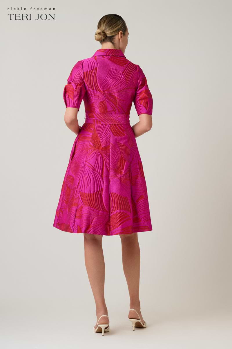 rickie freeman for teri jon puff-sleeve jacquard cocktail dress Teri Jon Metallic Jacquard Puff Sleeve Gown - Sapphire