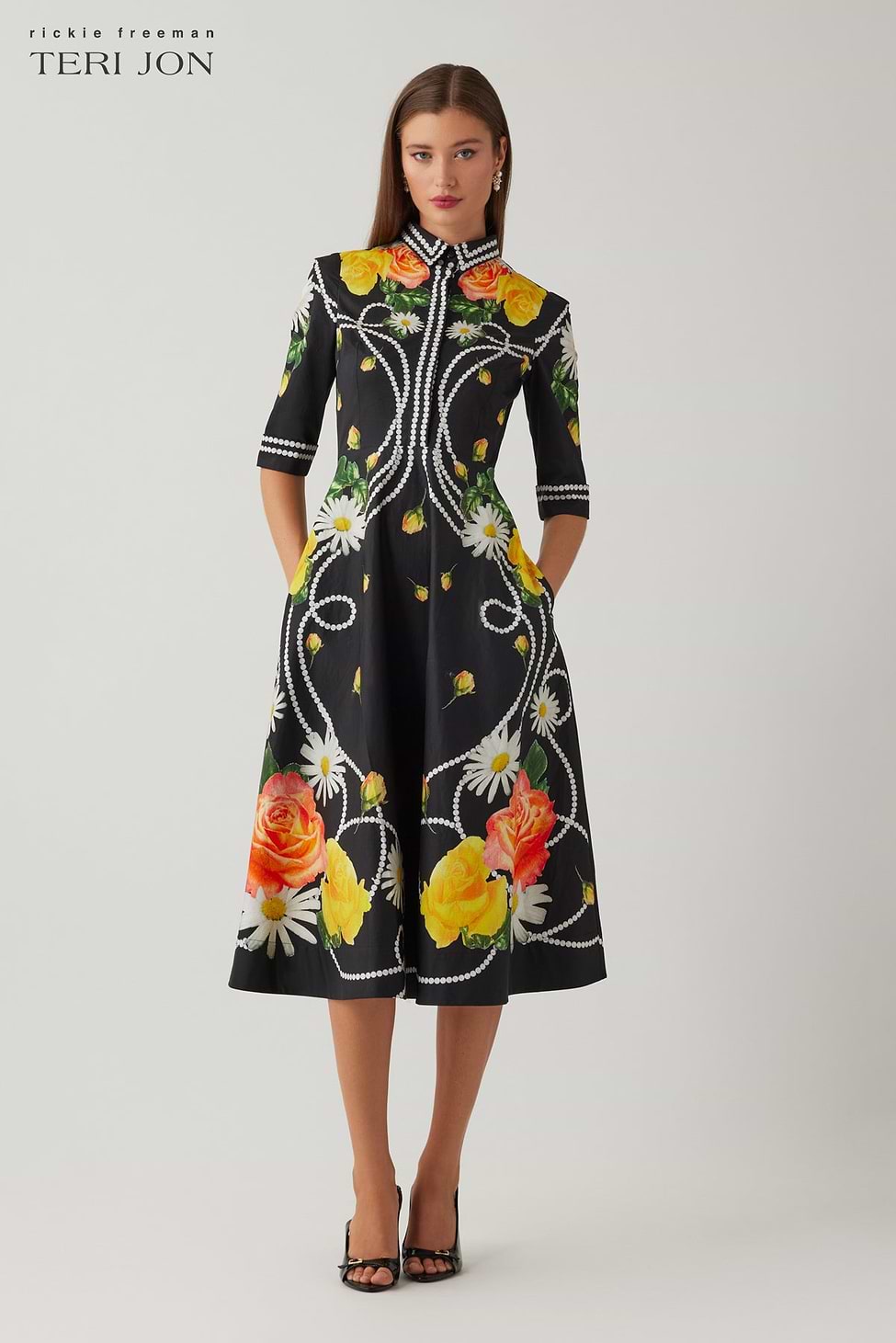 Teri Jon Cotton Pearl Floral Print Shirtwaist Elbow Sleeve Dress Size 10