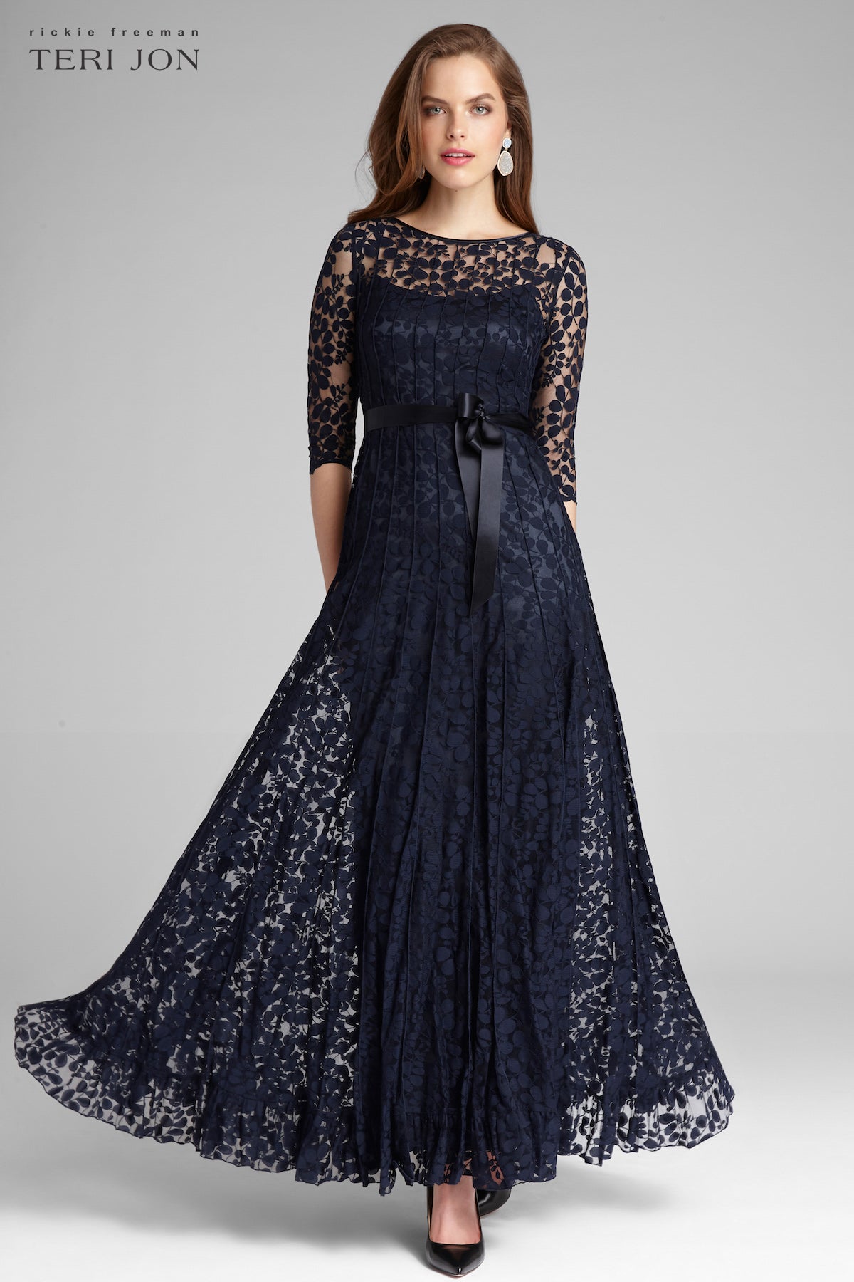 Teri Jon By Rickie Freeman Lace Dress 3/4 Sleeve Lace Illusion Gown With Bow Teri Jon By Rickie Freeman Lace Dress 3/4 Sleeve Lace Illusion Gown With Bow