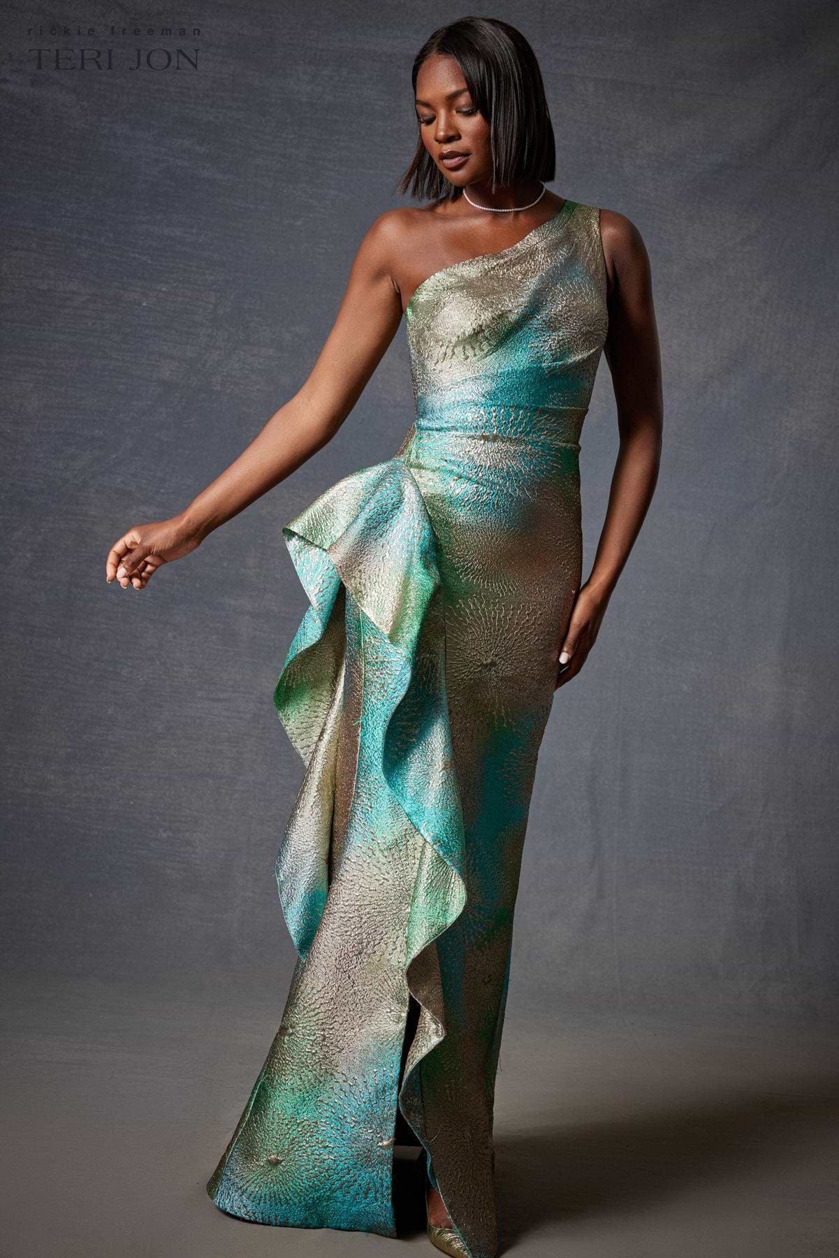 Metallic Starburst Pattern One Shoulder Gown  Terijon.com