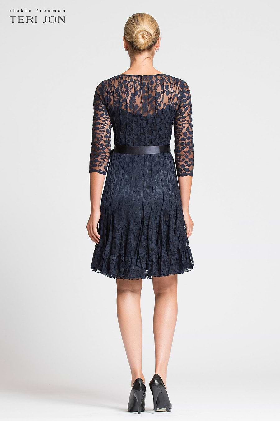 teri jon by rickie freeman lace pintuck dress Rickie Freeman For Teri Jon Leaf Lace Pintuck Dress - Navy
