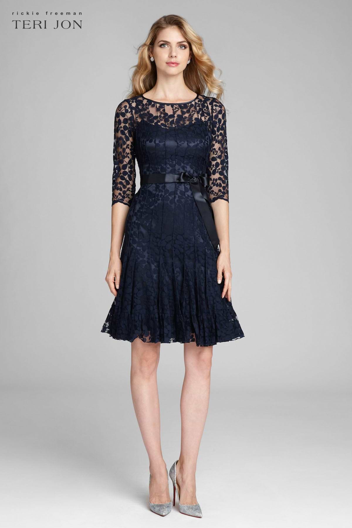 Rickie Freeman for Teri Jon 3/4-Sleeve Lace Overlay Cocktail Dress - Navy Rickie Freeman for Teri Jon 3/4-Sleeve Lace Overlay Cocktail Dress - Navy