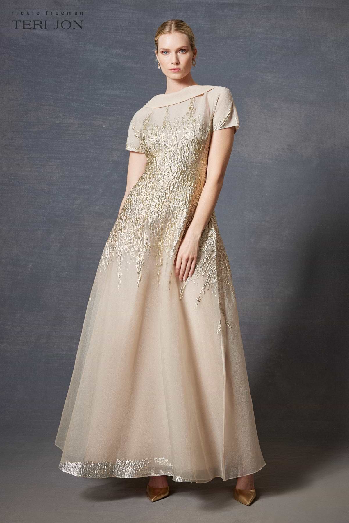 Roll Neck Cap Sleeve Metallic Organza Jacquard Gown