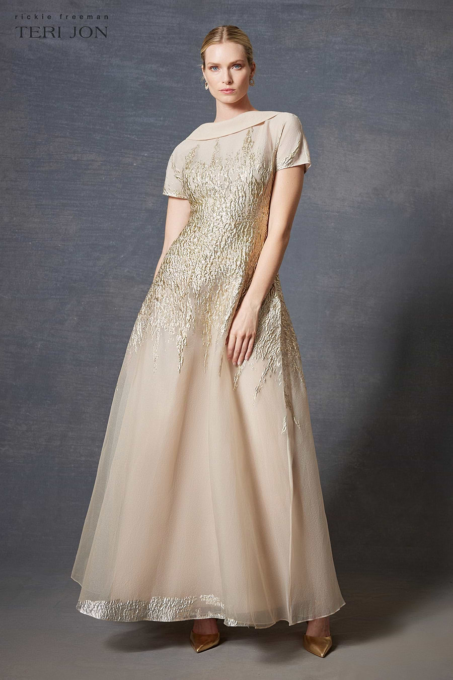 Roll Neck Cap Sleeve Metallic Organza Jacquard Gown Terijon.com Roll Neck Cap Sleeve Metallic Organza Jacquard Gown Terijon.com