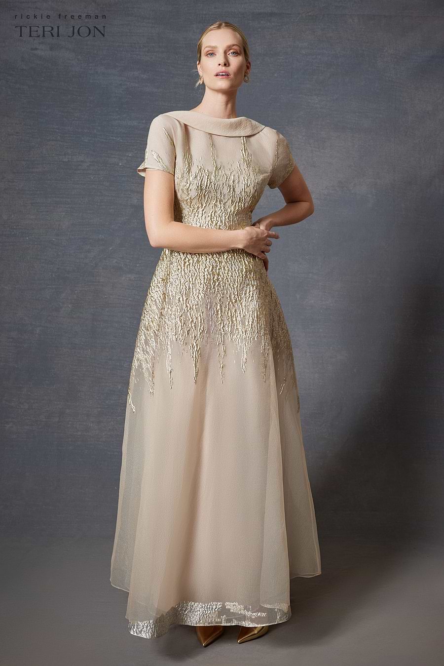 Roll Neck Cap Sleeve Metallic Organza Jacquard Gown Terijon.com Roll Neck Cap Sleeve Metallic Organza Jacquard Gown Terijon.com