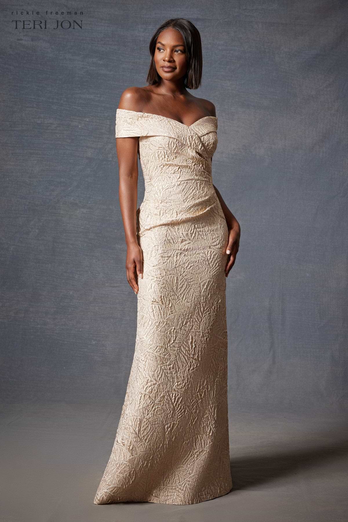 gold dress for a wedding Metallic Jacquard Portrait Collar Side Drape Gown – Terijon.com