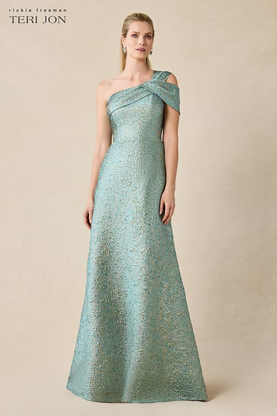 Teri Jon By Rickie Freeman Women's Metallic Jacquard One-Shoulder Gown - Mint Gold - Size 10 Teri Jon By Rickie Freeman Women's Metallic Jacquard One-Shoulder Gown - Mint Gold - Size 10