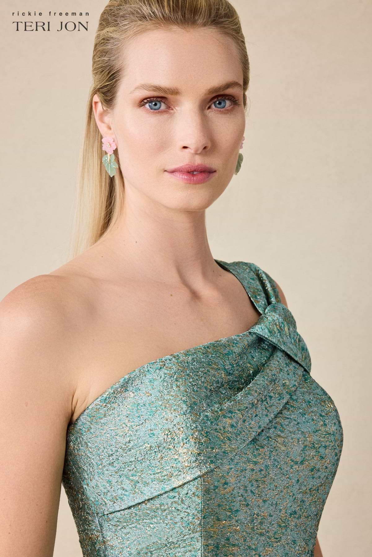 Metallic Jacquard Asymmetrical One Shoulder Evening Gown  Terijon.com