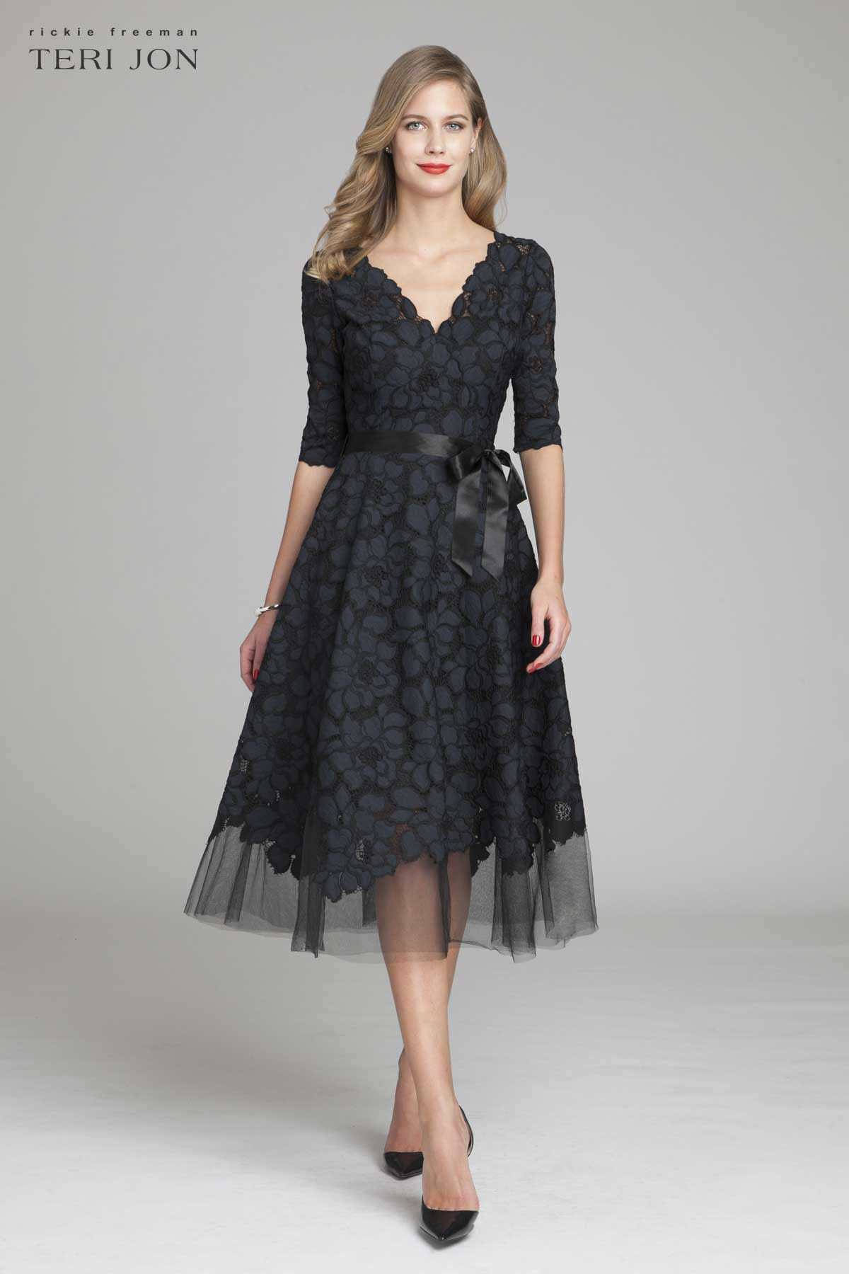 3/4 Sleeve Lace and Tulle Fit And Flare Dress | Teri Jon Terijon.com 3/4 Sleeve Lace and Tulle Fit And Flare Dress | Teri Jon Terijon.com