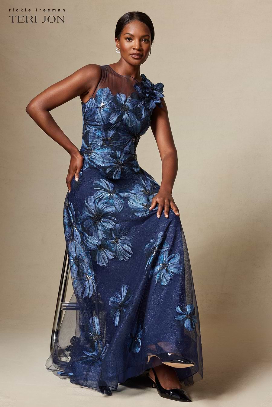 rickie freeman for teri jon floral embroidered tulle midi dress Floral Embroidered Tulle Gown With 3D Flower – Terijon.com