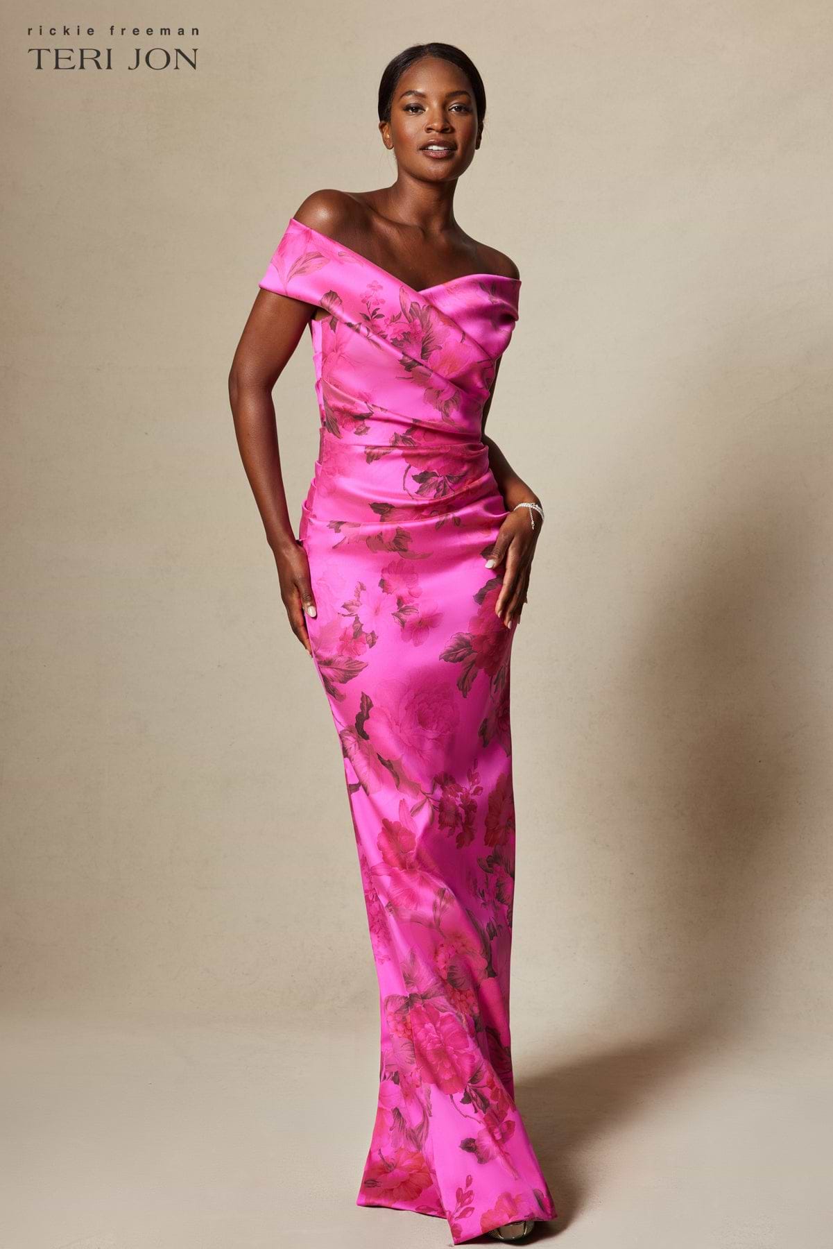 Stretch Printed Gazar Draped Off Shoulder Gown – Terijon.com