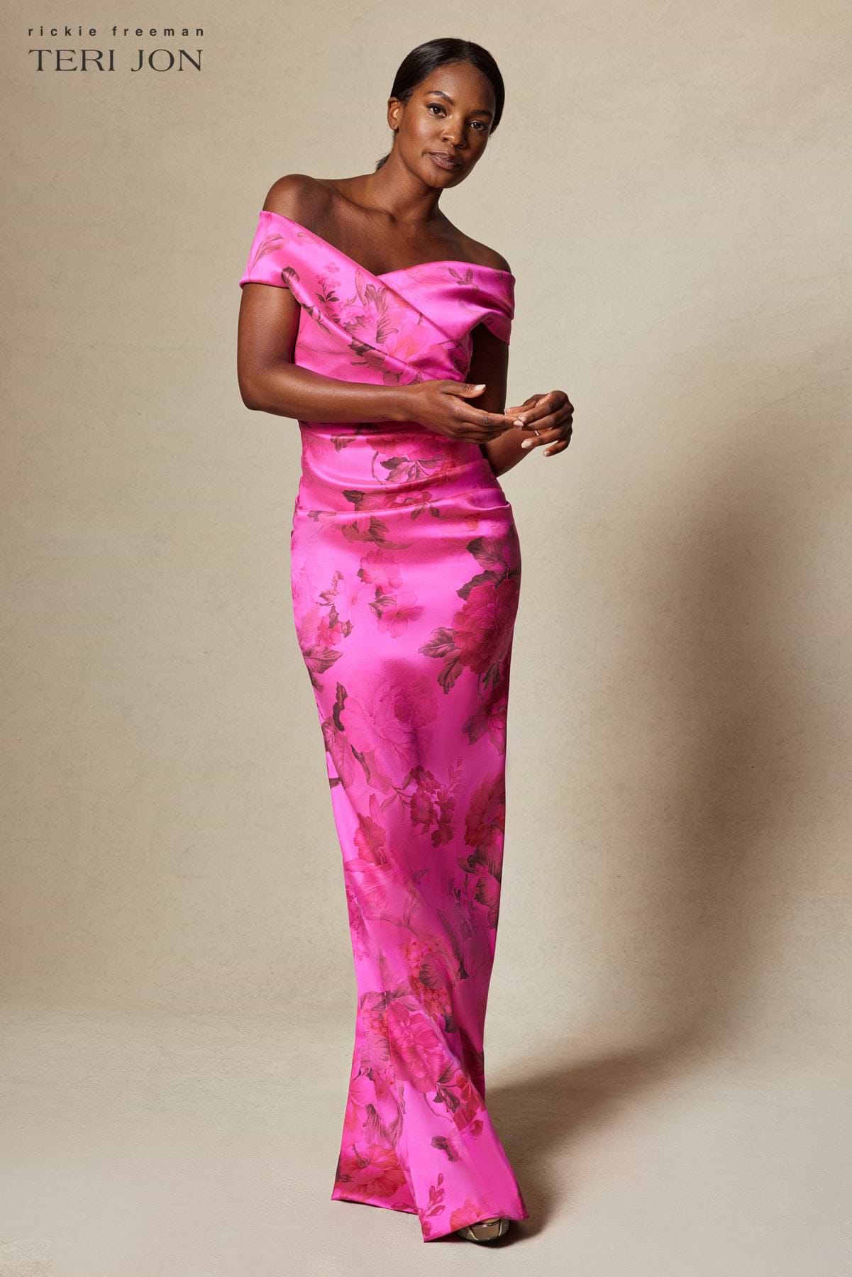 gaze at me off shoulder dress Stretch Printed Gazar Draped Off Shoulder Gown – Terijon.com