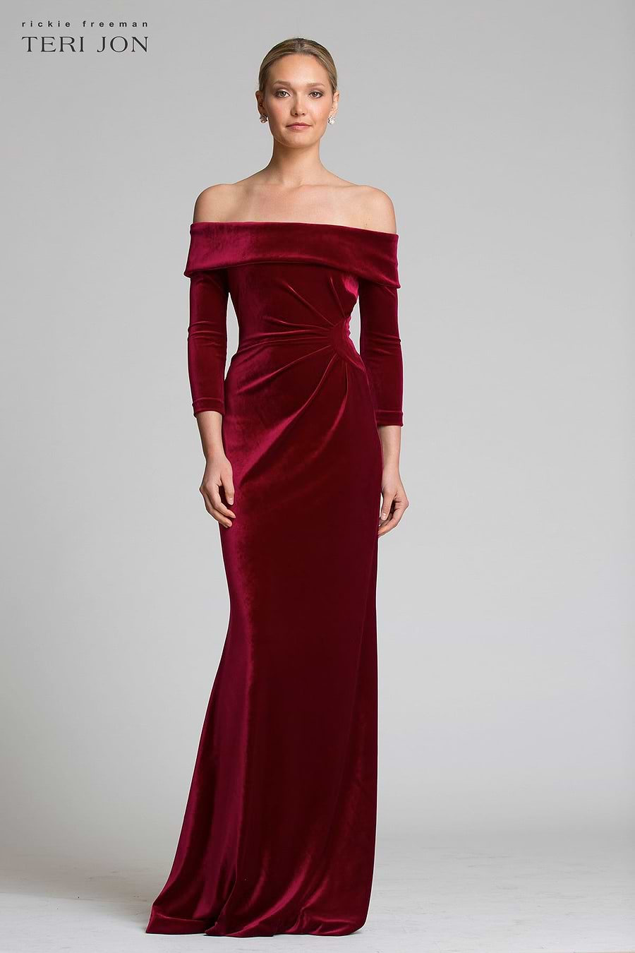 red velvet drape off shoulder column dress Off-Shoulder Wine Red Velvet Draped Corset Evening Gown Dress Wine Red / S