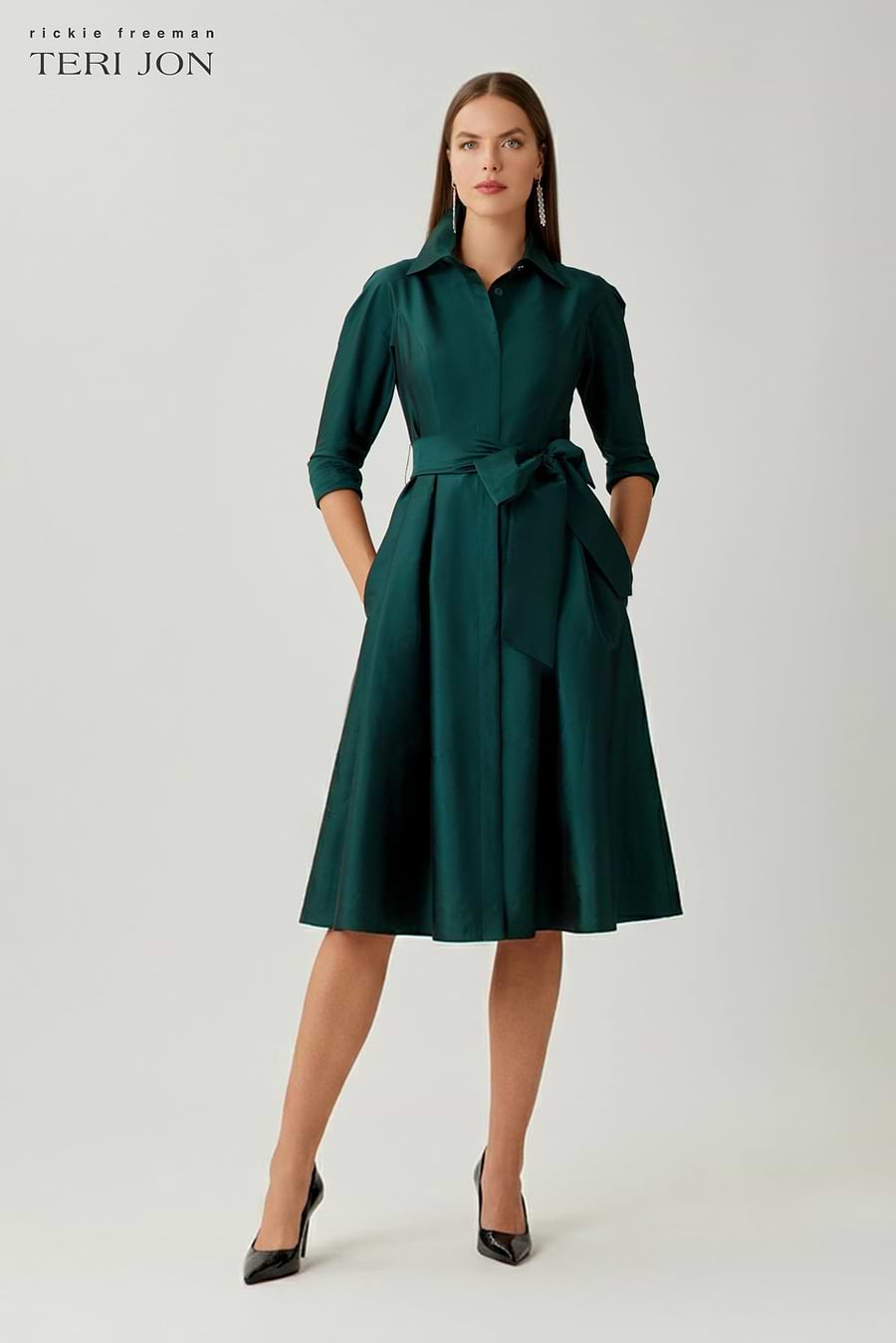 3/4 Sleeve Belted Taffeta Shirtdress – Terijon.com 3/4 Sleeve Belted Taffeta Shirtdress – Terijon.com