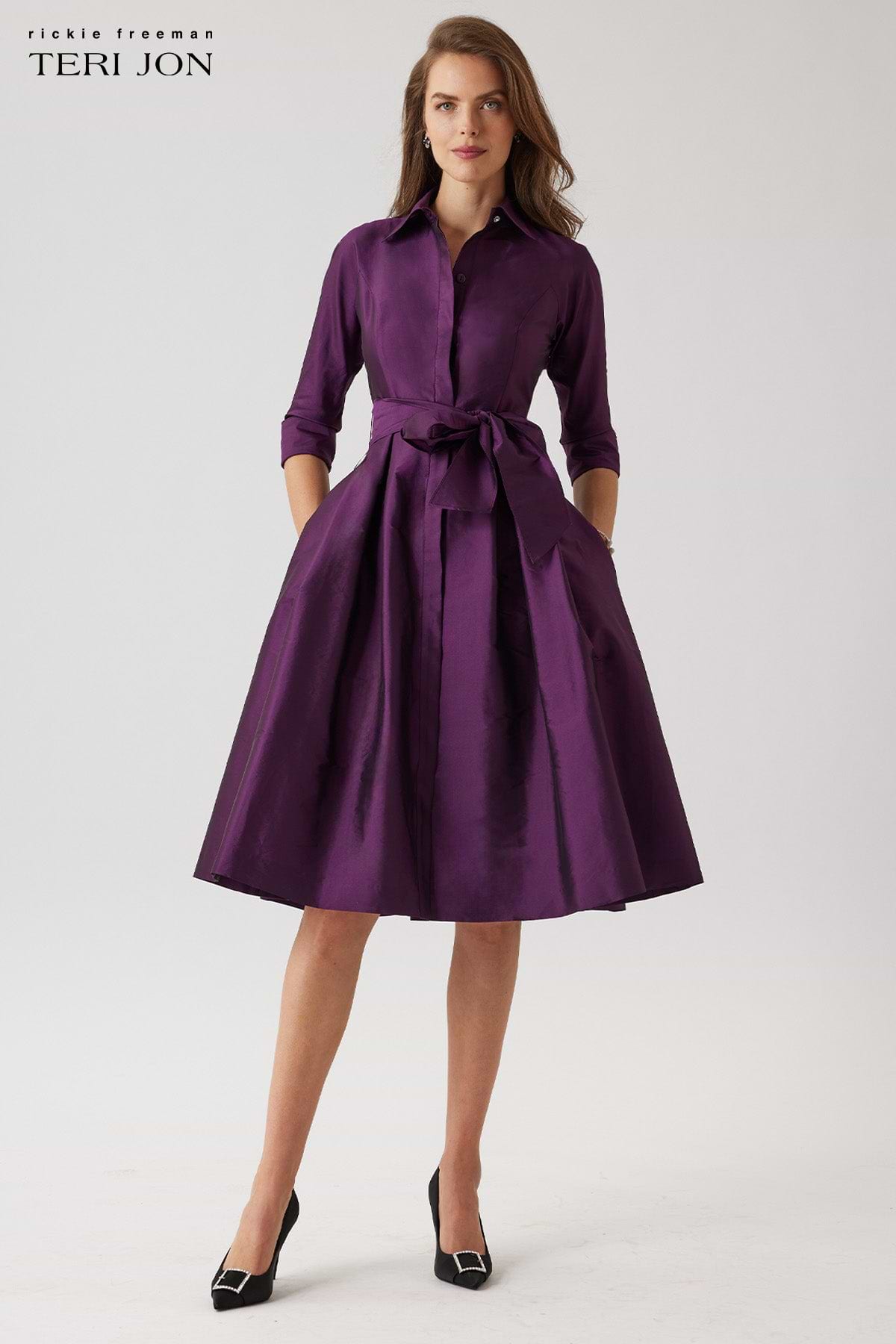 3/4 Sleeve Belted Taffeta Shirt Dress
