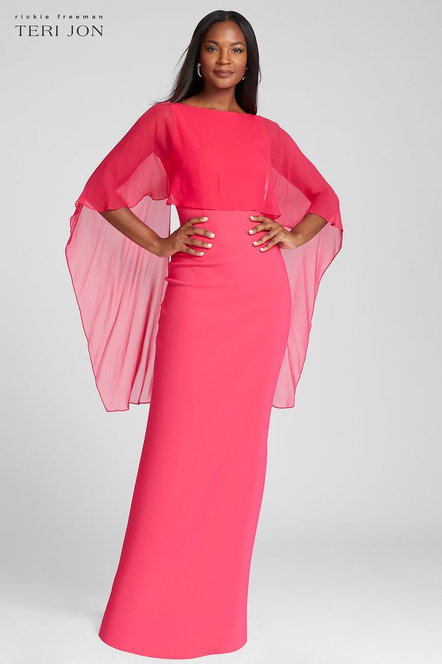 Scuba Gown with Chiffon Cape | Teri Jon Terijon.com Scuba Gown with Chiffon Cape | Teri Jon Terijon.com