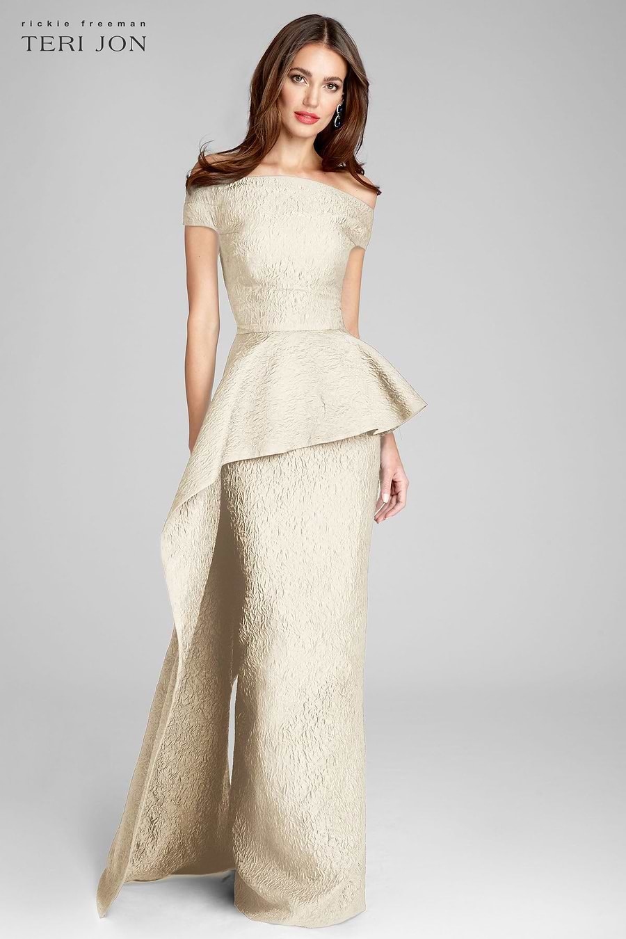 Jacquard Off The Shoulder Side Drape Overlay Gown | Teri Jon Terijon.com Jacquard Off The Shoulder Side Drape Overlay Gown | Teri Jon Terijon.com