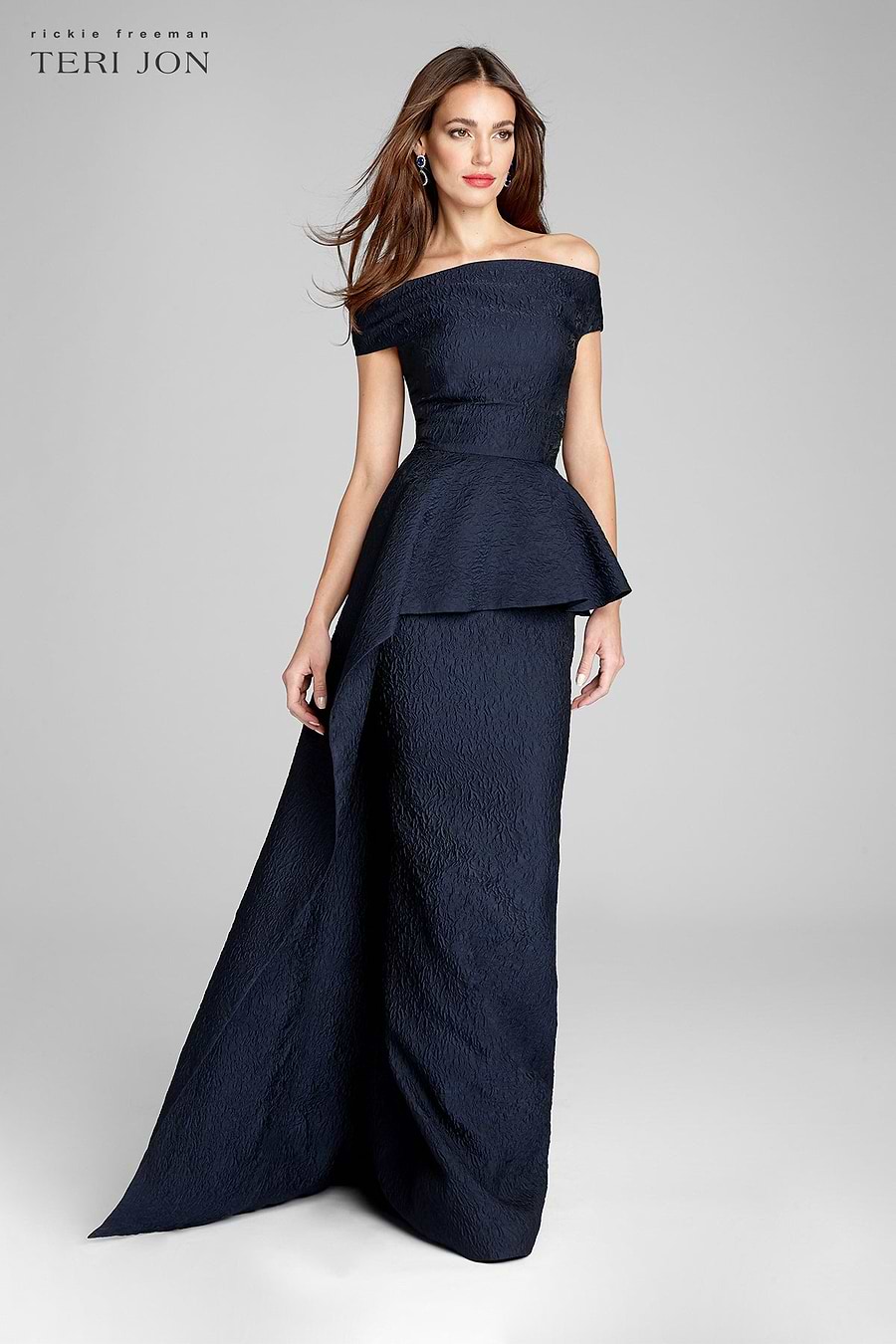 Jacquard Off The Shoulder Side Drape Overlay Gown Jacquard Off The Shoulder Side Drape Overlay Gown