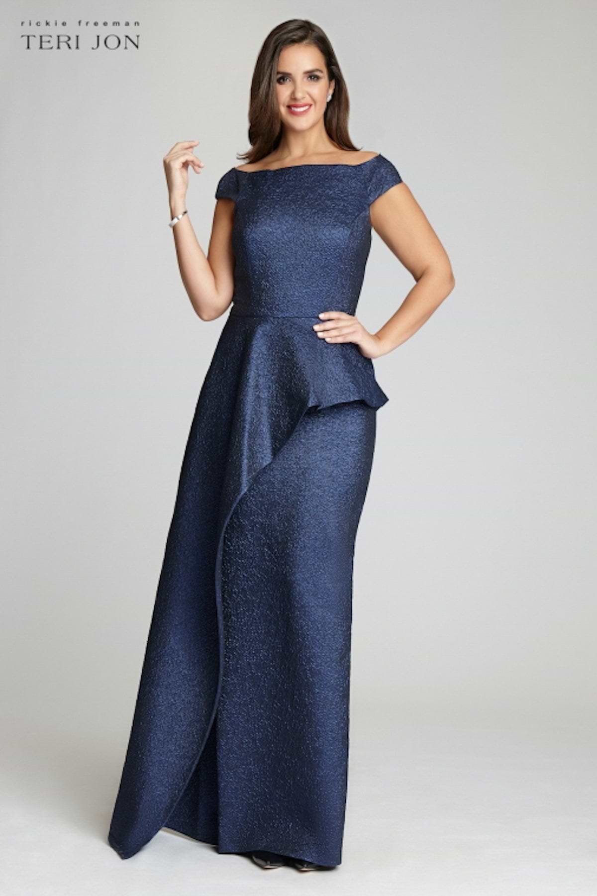 Teri Jon by Rickie Freeman Women's Cap Sleeve Metallic Gown - Blue - Size 12 Teri Jon by Rickie Freeman Women's Cap Sleeve Metallic Gown - Blue - Size 12