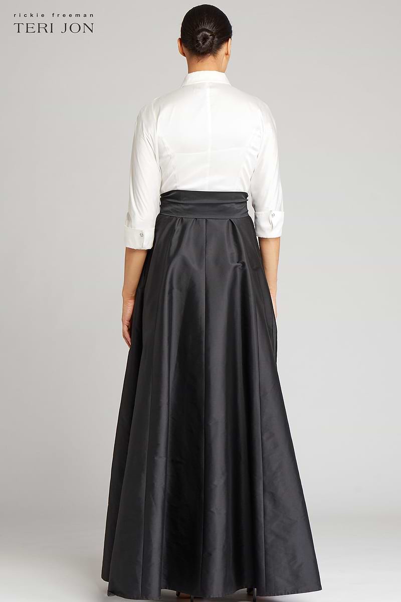 3/4 Sleeve Taffeta Shirt Waist Color Block Gown | Teri Jon