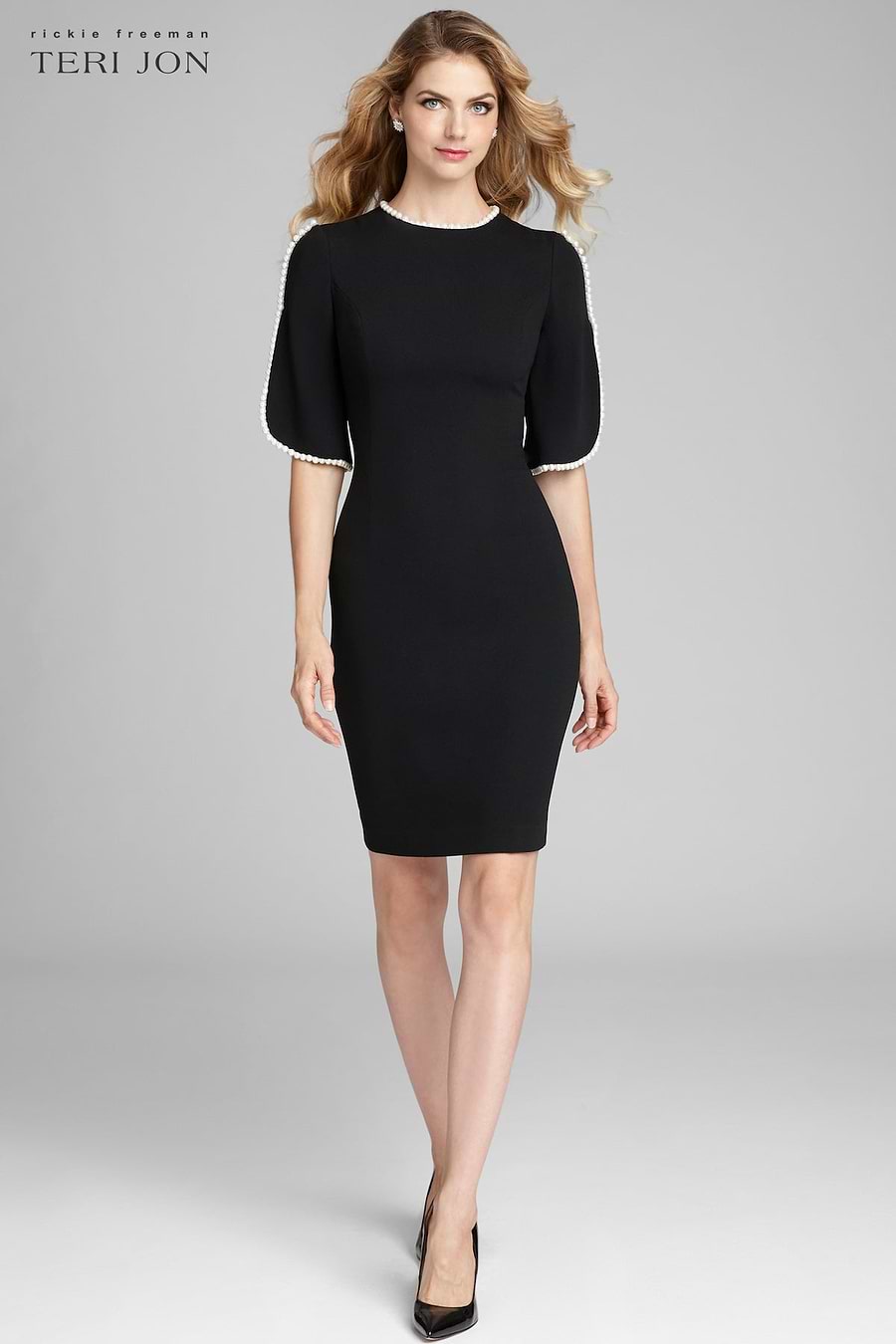 Short Sleeve Pearl Trim Crepe Sheath Dress Terijon.com Short Sleeve Pearl Trim Crepe Sheath Dress Terijon.com
