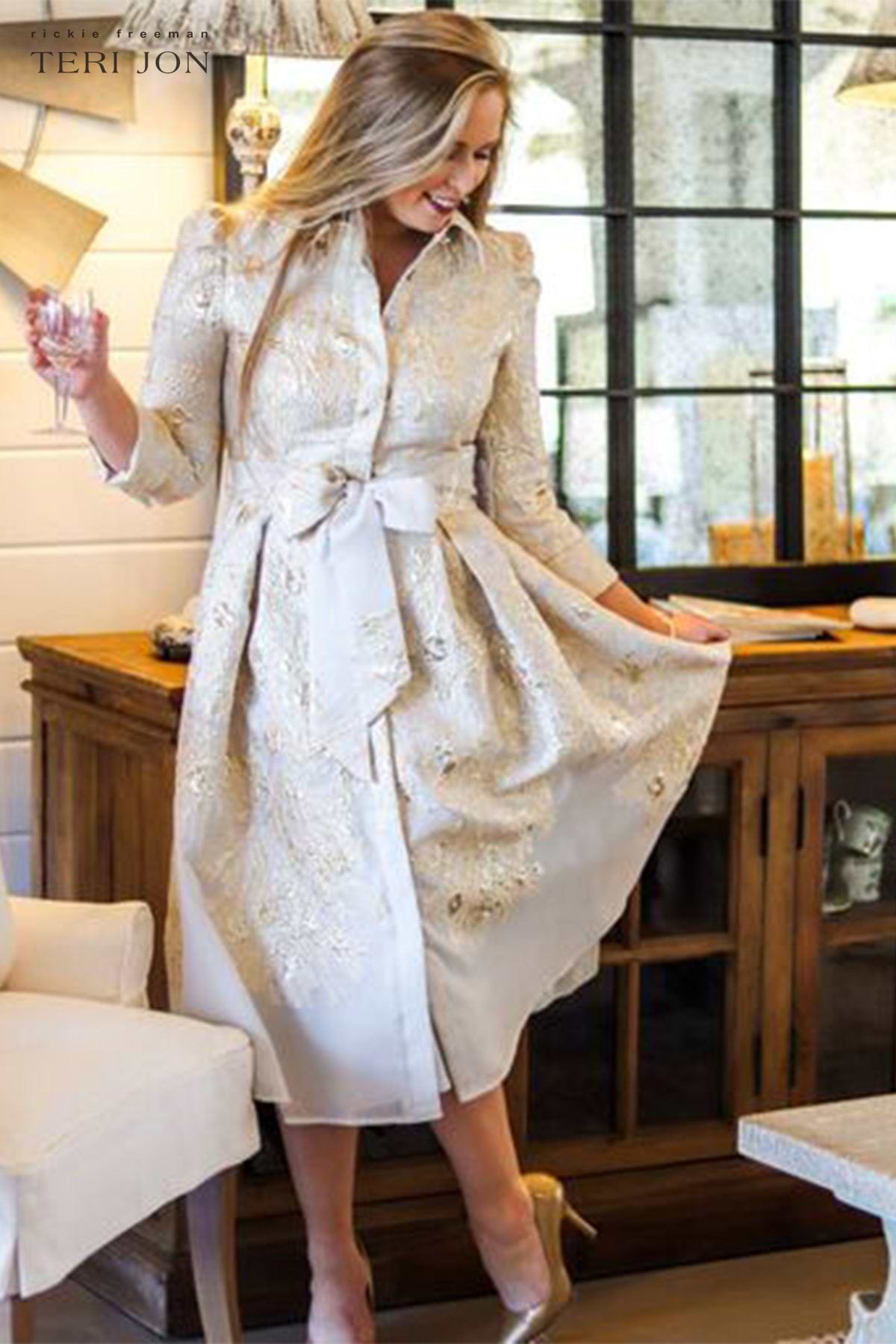 teri jon by rickie freeman metallic jacket dress Metallic Jacquard Shirtdress