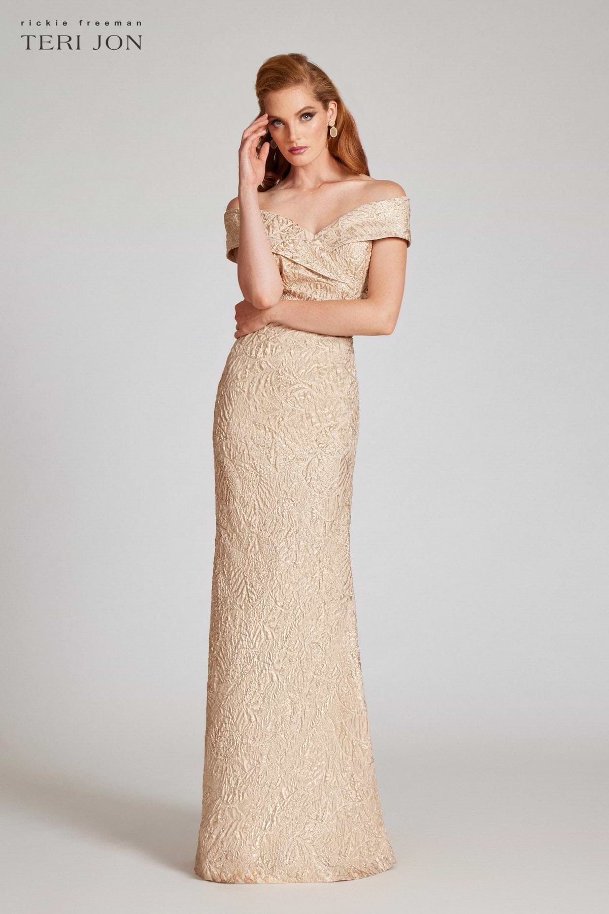 Metallic Jacquard Portrait Collar Side Drape Gown – Terijon.com