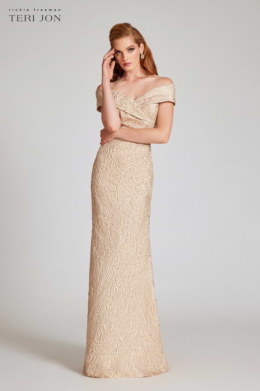 Metallic Jacquard Portrait Collar Side Drape Gown Terijon.com Metallic Jacquard Portrait Collar Side Drape Gown Terijon.com