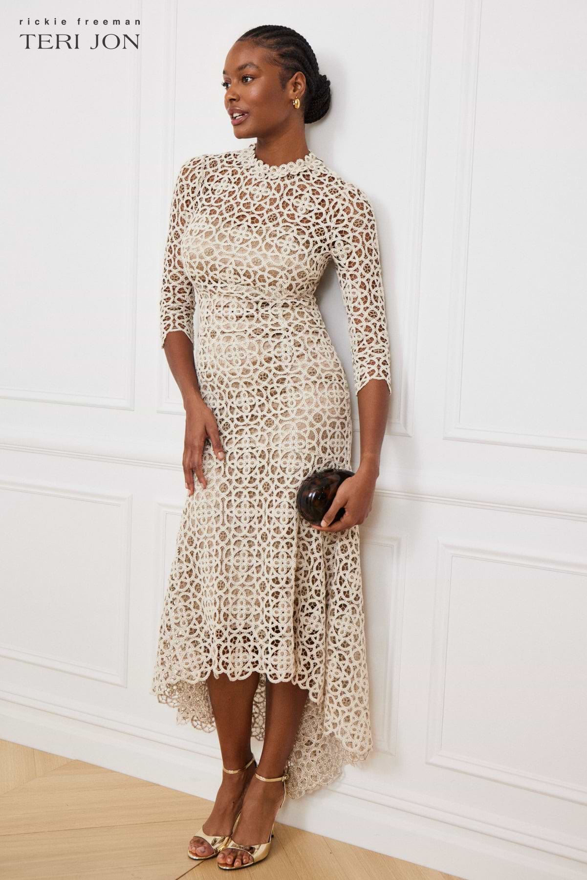 teri jon by rickie freeman stretch crochet maxi dress Stretch Crochet 3/4 Sleeve High Low Dress – Terijon.com