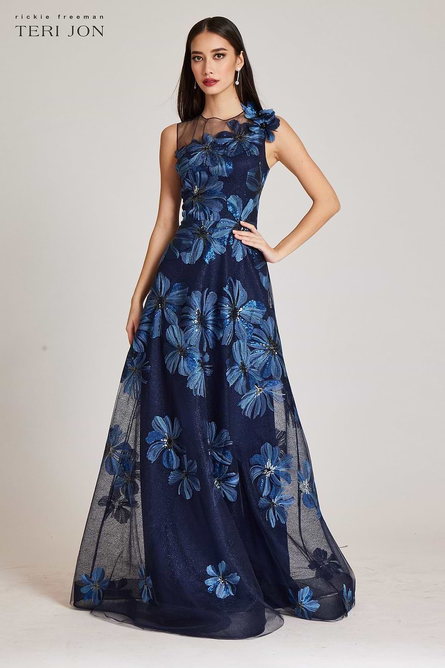 embroidered tulle overlay dress Spaghetti Strap Long Dress with Embroidered Tulle Overlay HAREM's Brides