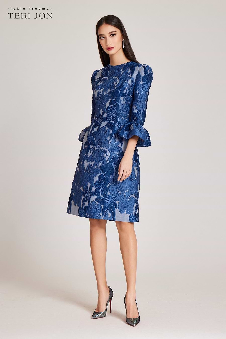 Jacquard Floral 3/4 Sleeve Flounce Cuff Dress Terijon.com Jacquard Floral 3/4 Sleeve Flounce Cuff Dress Terijon.com