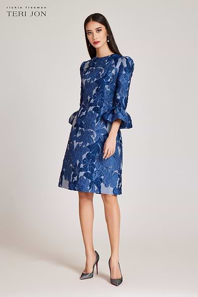 Jacquard Floral 3/4 Sleeve Flounce Cuff Dress – Terijon.com