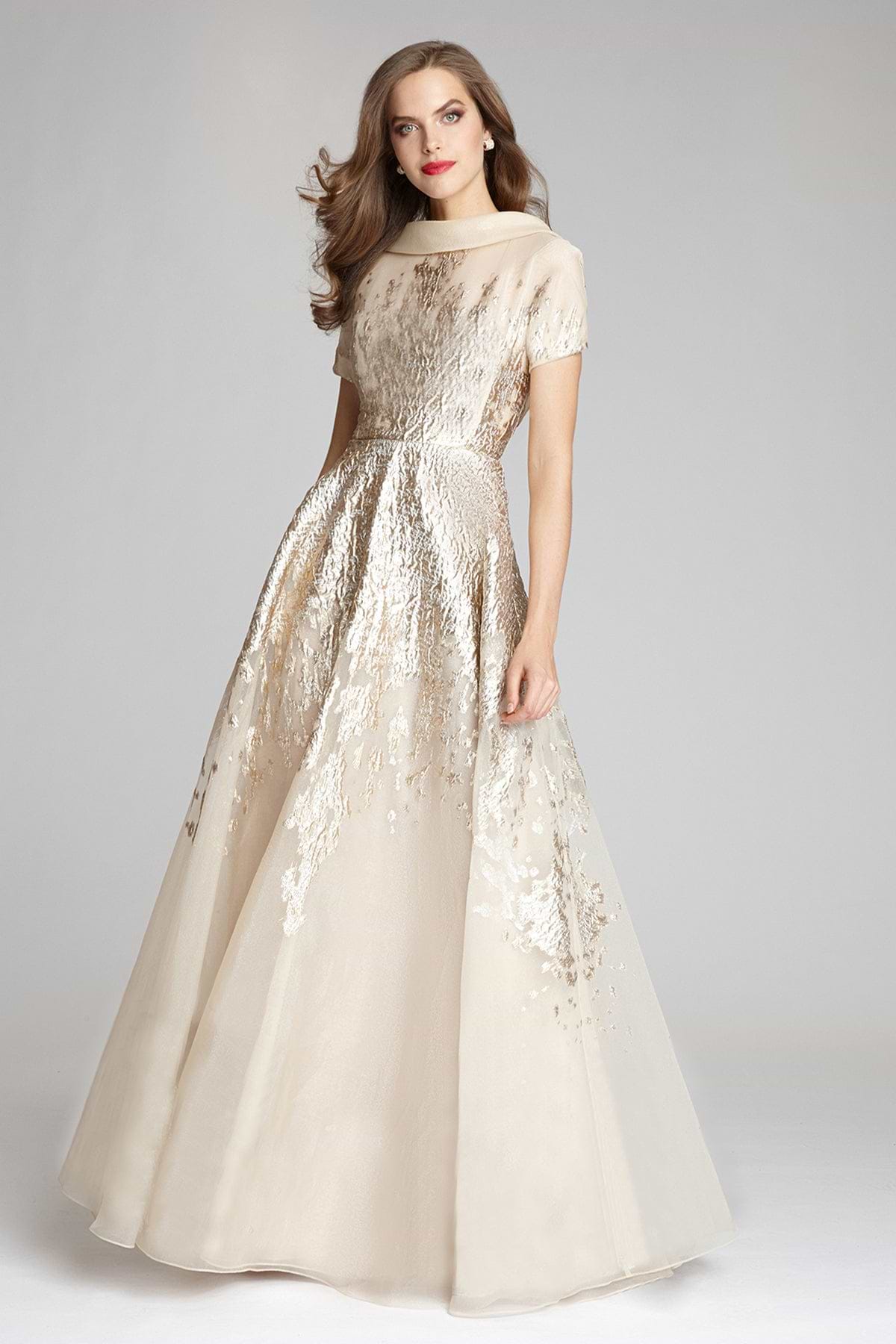 Roll Neck Metallic Organza Jacquard Gown
