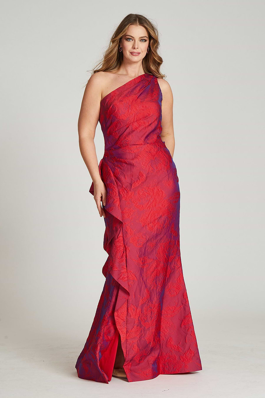 teri jon peplum dress Teri Jon Jacquard Off The Shoulder Side Drape Overlay Gown Size 12