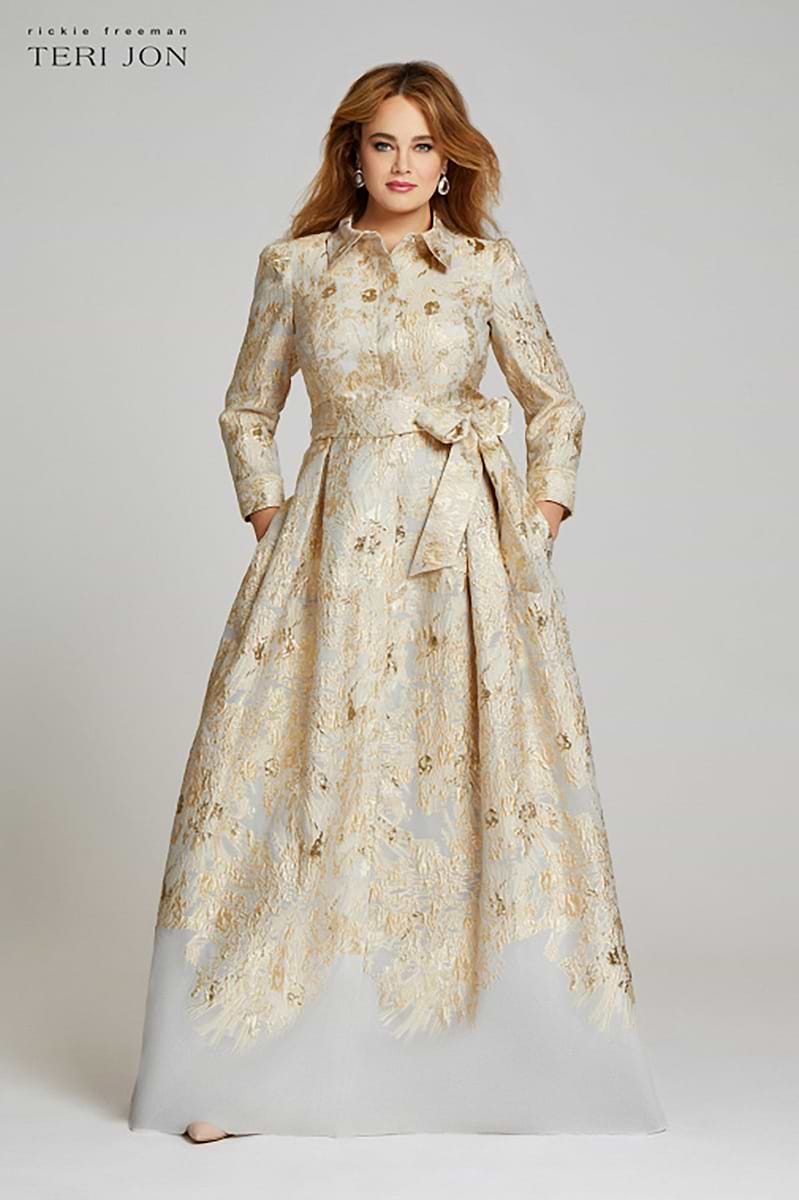 teri jon gold dress Metallic Jacquard Side Drape Gown Terijon.com
