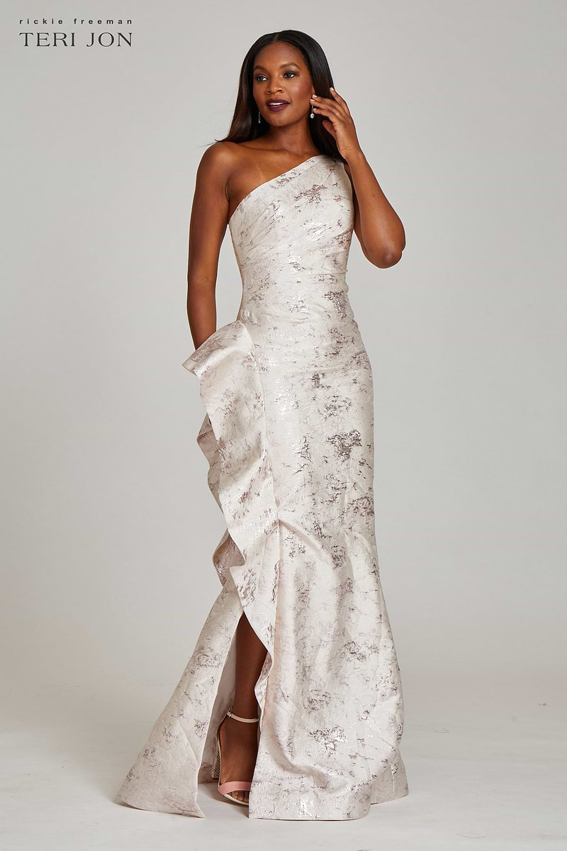Jacquard One Shoulder Side-Ruffle Gown | Teri Jon – Terijon.com
