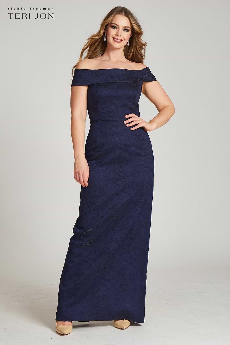 Teri Jon Navy Off-the-Shoulder Jacquard Gown Size 18 Teri Jon Navy Off-the-Shoulder Jacquard Gown Size 18