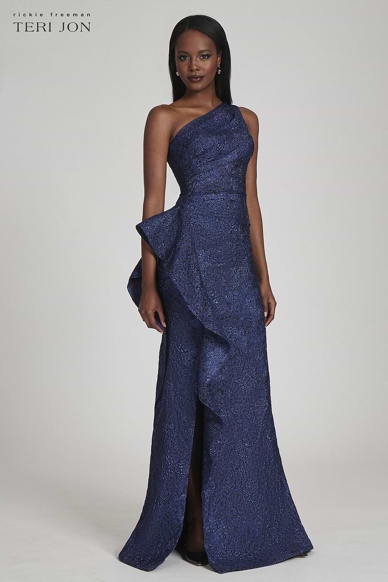 Teri Jon Metallic Jacquard One Shoulder Gown - Black Blue
