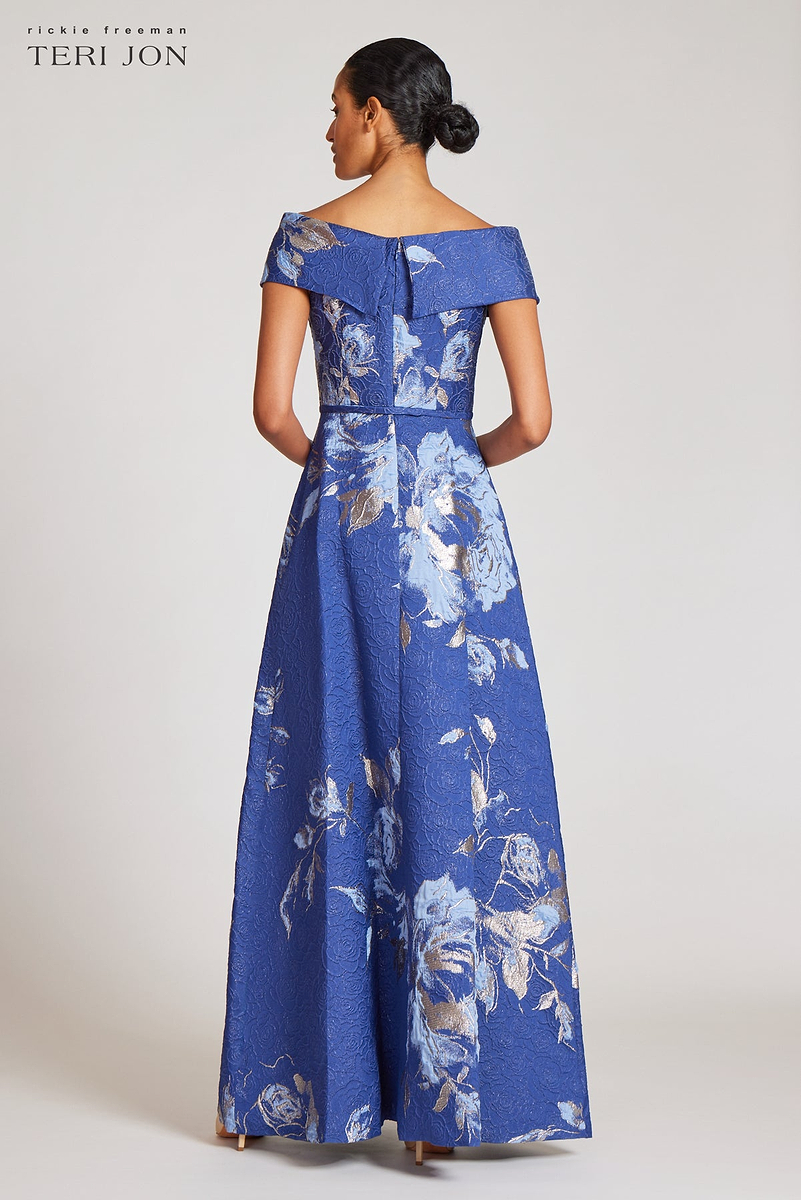 Teri Jon by Rickie Freeman Women's Off-The-Shoulder Metallic Floral Jacquard Gown - Blue - Size 14