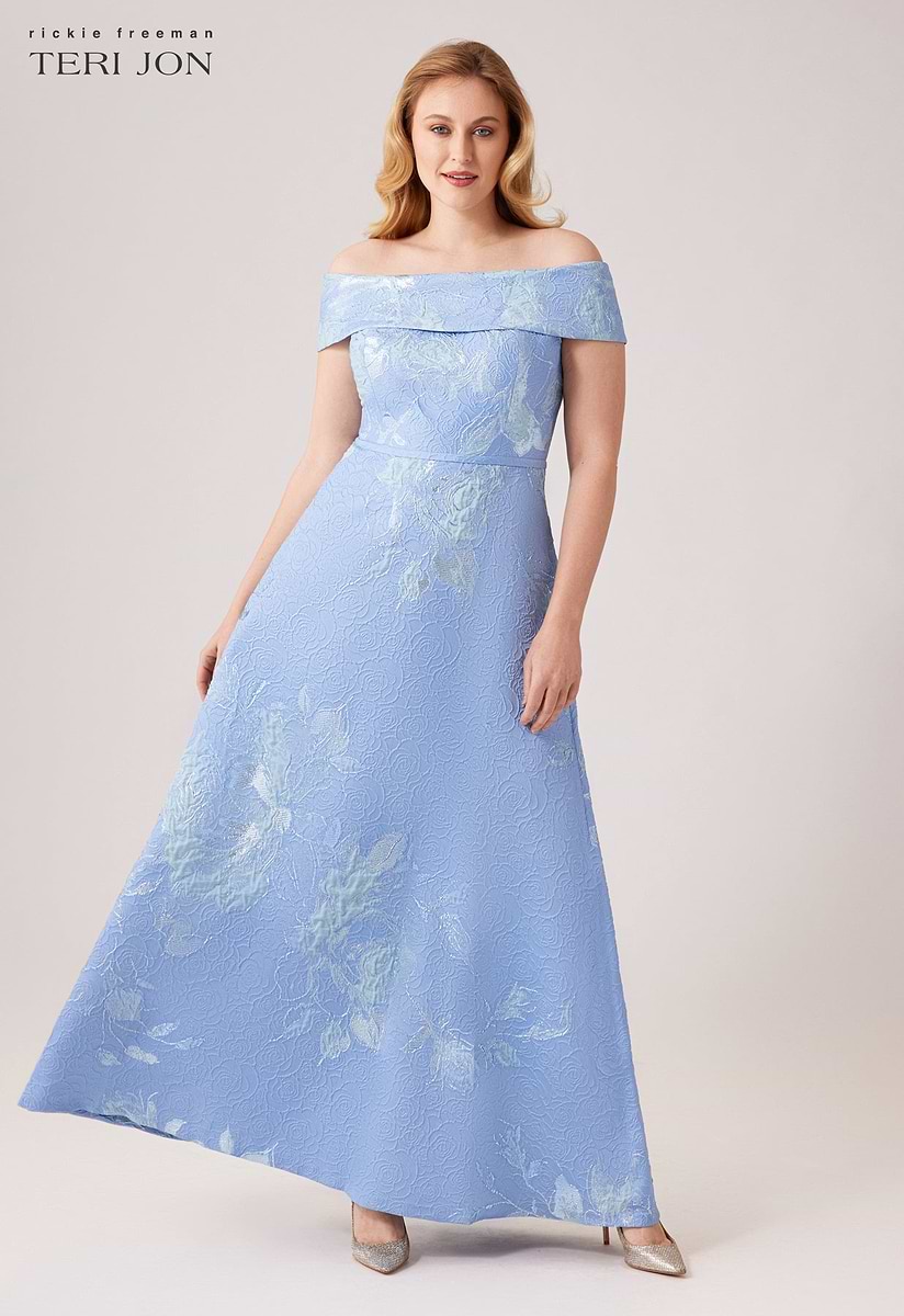 Teri Jon Large Floral Pattern Jacquard Off the Shoulder Gown Size 16 Teri Jon Large Floral Pattern Jacquard Off the Shoulder Gown Size 16