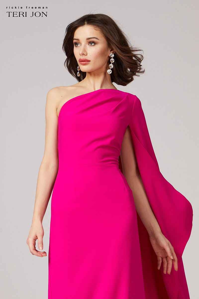 Stretch Crepe Cape One Shoulder Sleeve Gown