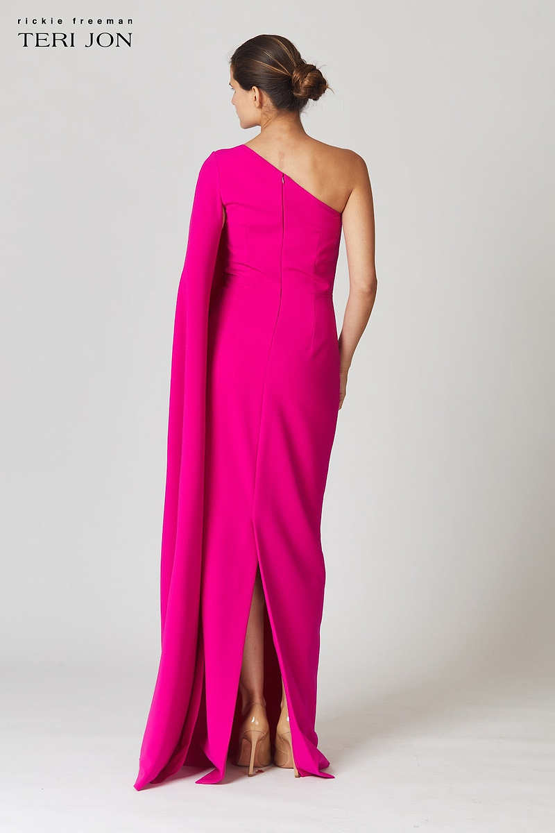 Stretch Crepe Cape One Shoulder Sleeve Gown