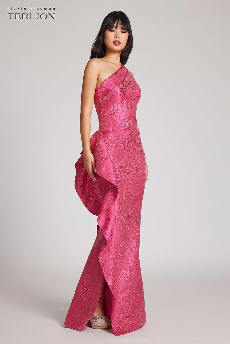 Jacquard Side Ruffle One Shoulder Gown Jacquard Side Ruffle One Shoulder Gown