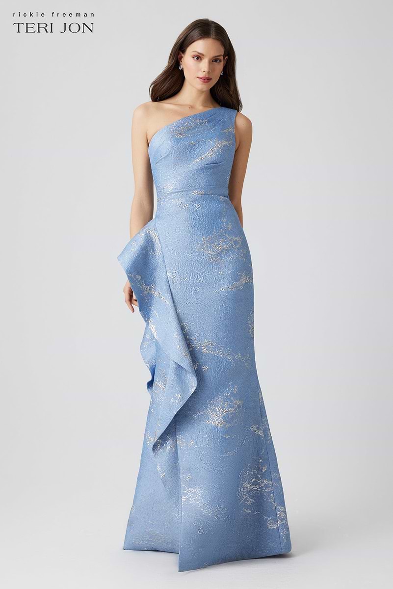 Teri Jon Metallic Jacquard One Shoulder Gown - Light Blue Silver