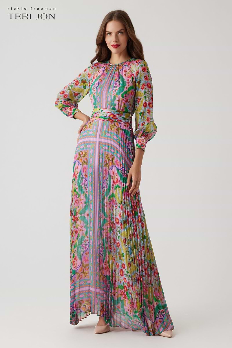 Patchwork Printed Chiffon Pleated Gown – Terijon.com