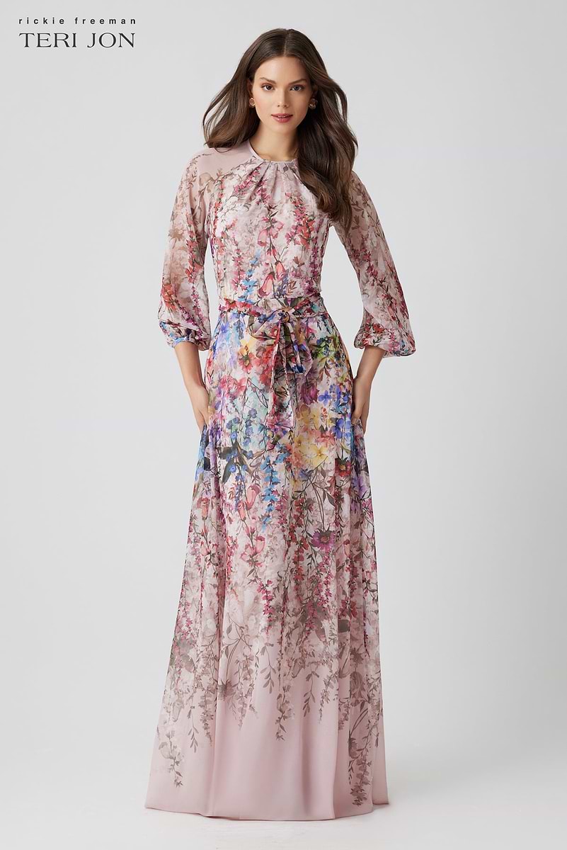 teri jon by rickie freeman a line dress Chiffon Floral Print A Line Gown – Terijon.com