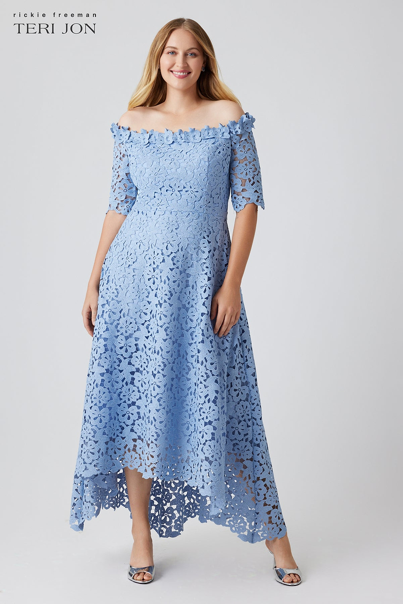 teri jon lace midi dress Teri Jon Cotton Lace Off the Shoulder High Low Dress Size 6