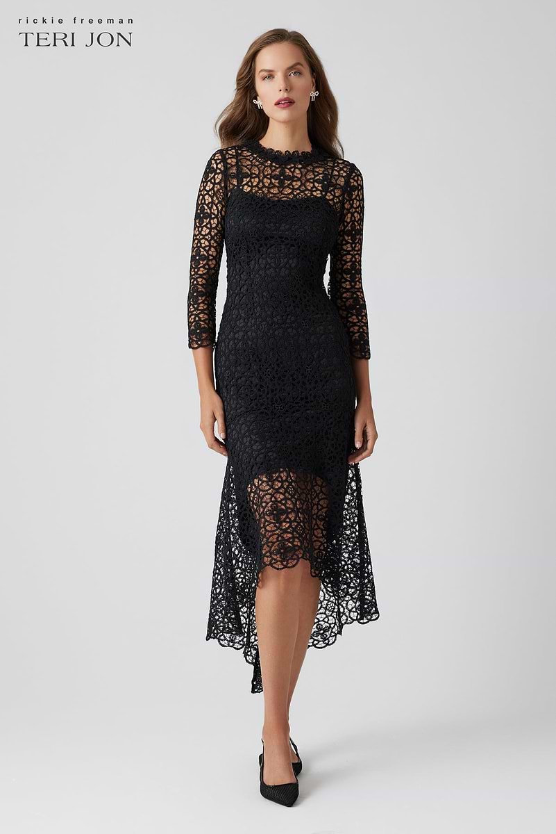 teri jon by rickie freeman stretch crochet maxi dress Teri Jon Rickie Freeman High-Low Stretch Crochet Maxi Dress size 12